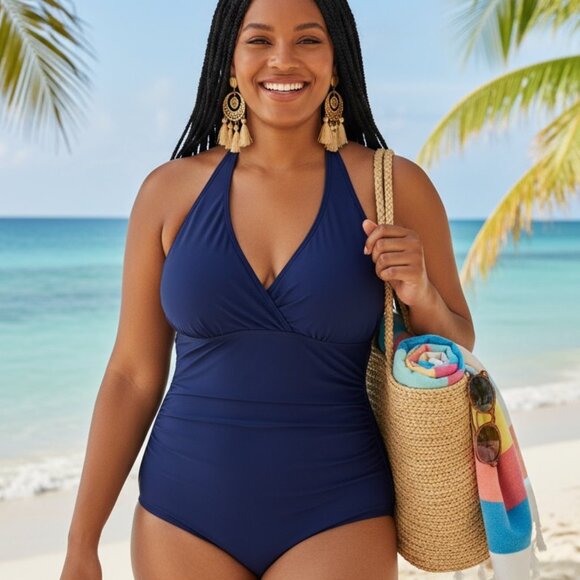 🆕 1XL Plus Size Curvy Halter One Piece Swimsuit Navy Blue Moderate Stretch - Picture 13 of 13